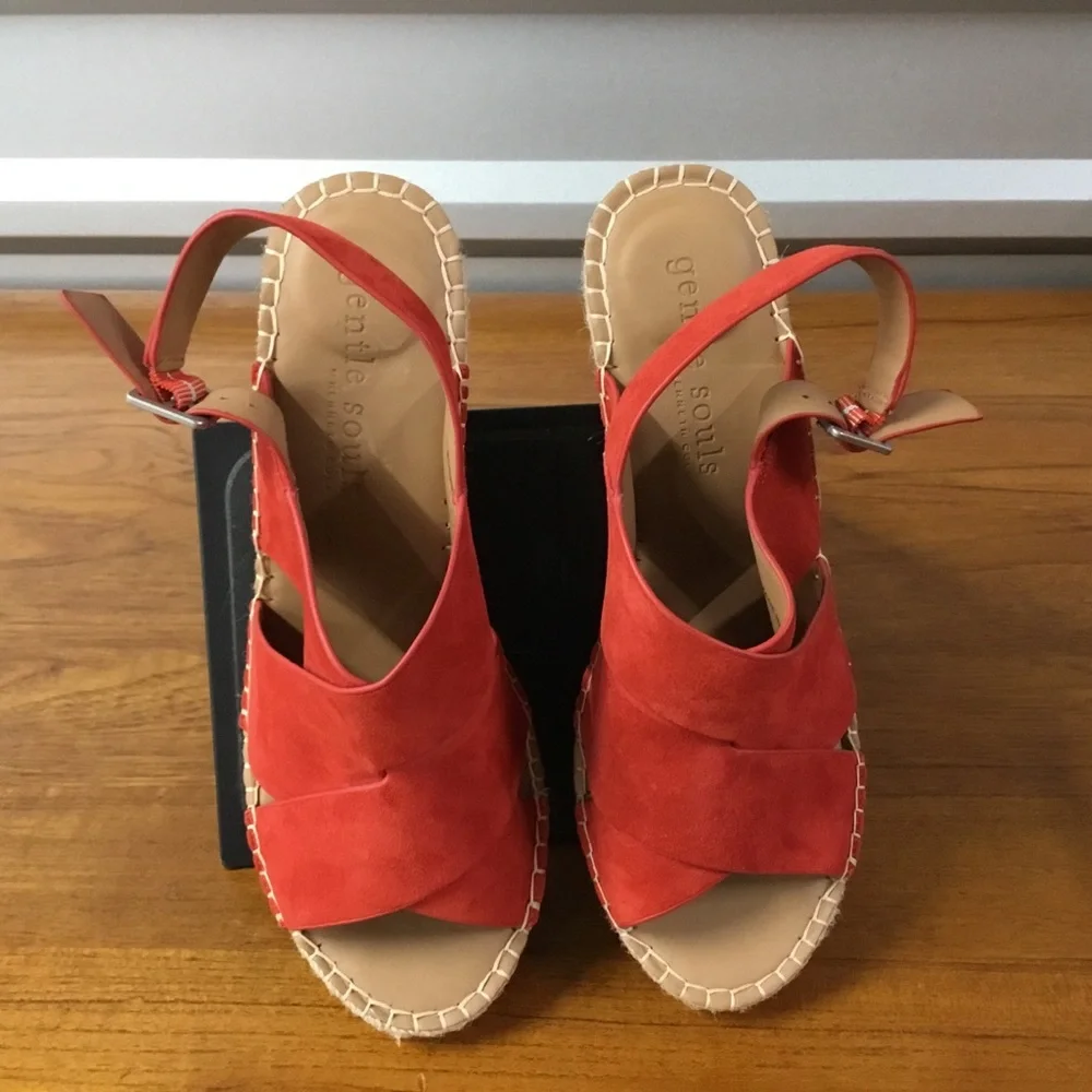 Gentle Souls Women Claudia Red Leather Wedge Espadrilles Sandal Size 9.5